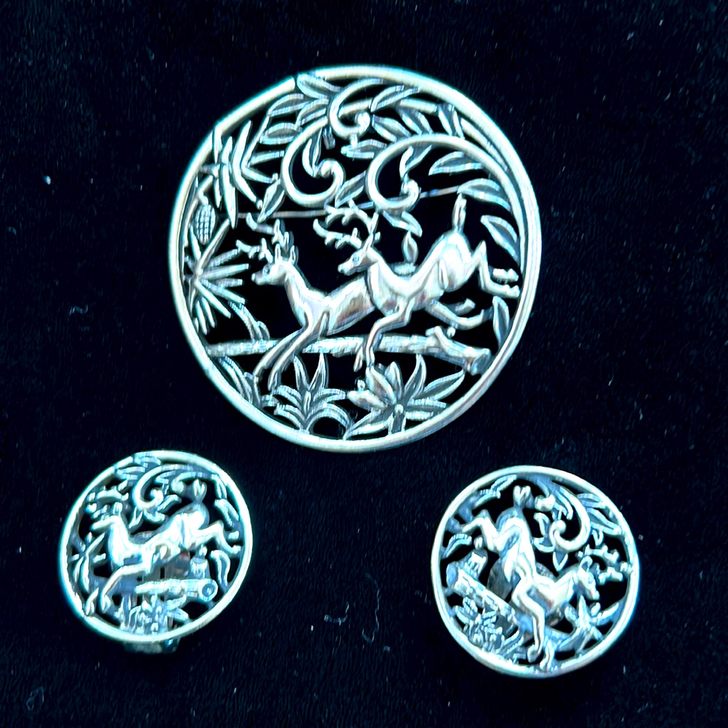 Vintage “Deer At Play” Brooch And Matching Earrings